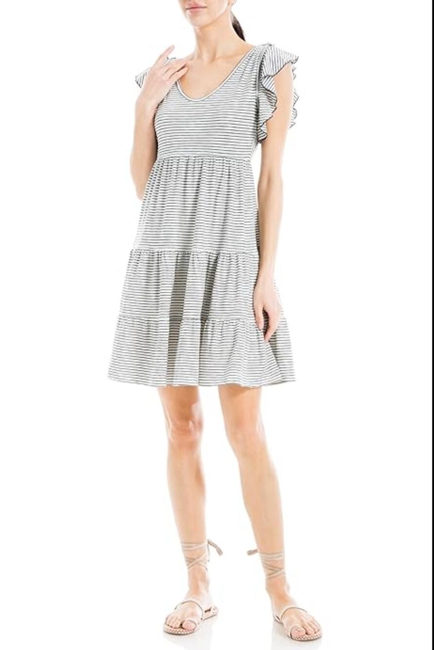 Max Studio Jersey Mini Dress Preppy Striped Ruffle Nautical Coastal Flowy Boho